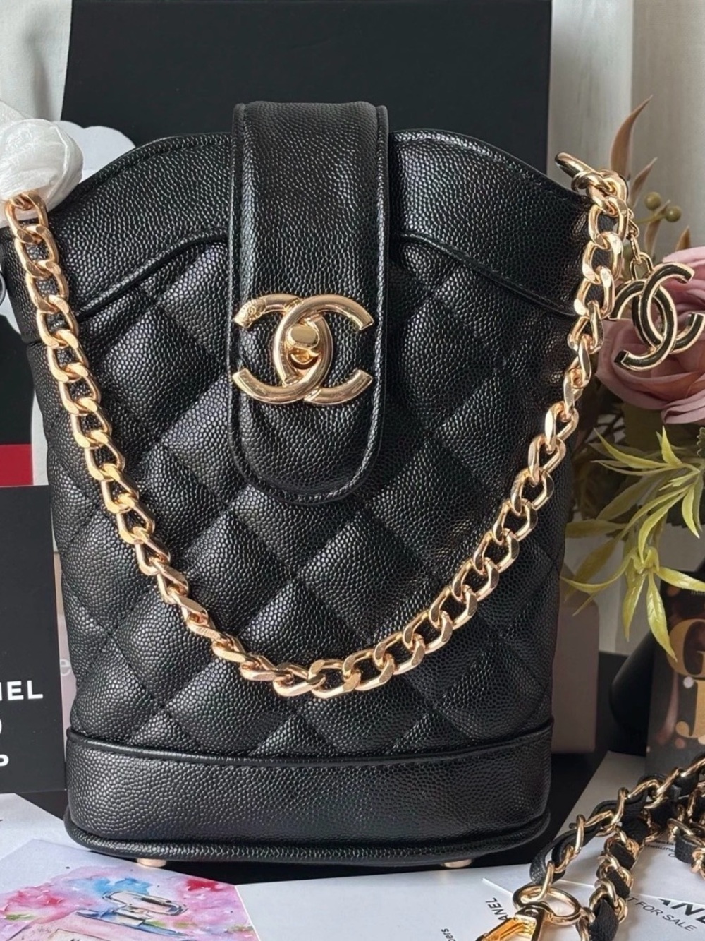 New CHANEL Makeup VIP / GWP Crossbody Black Bucket Bag With Gold Hardware